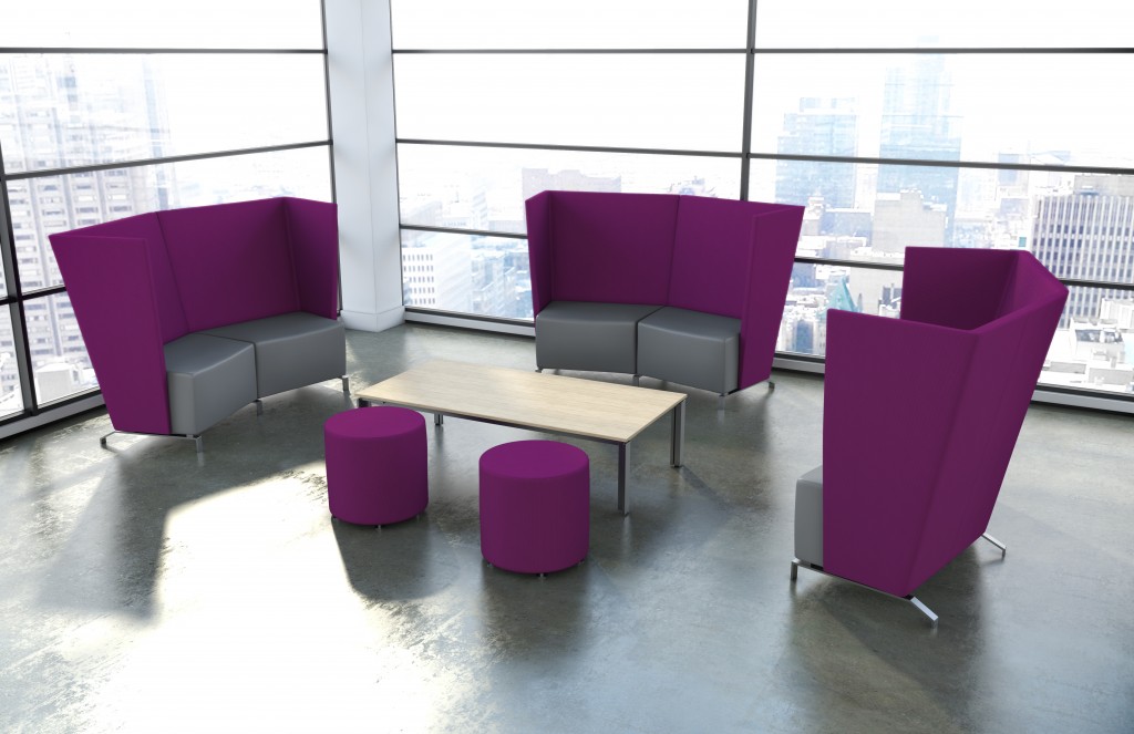 Use plum as an accent color in larger modern office furniture pieces such as acoustic seating, or an accent office wall