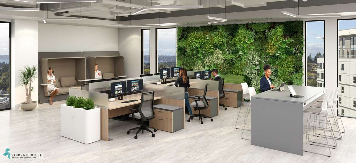 hybrid office with bright lights
