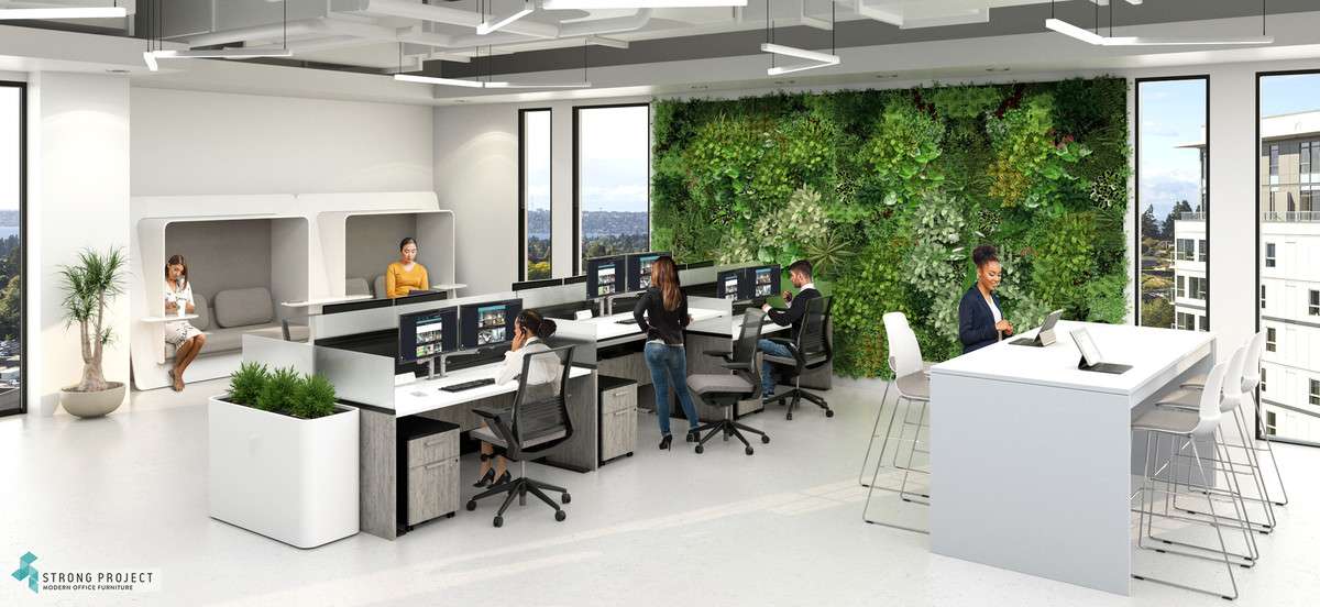 hybrid office layout with plants