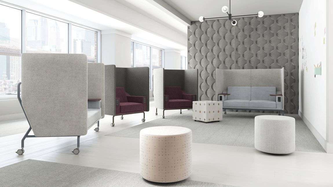 Acoustic furniture and panels in shared office space