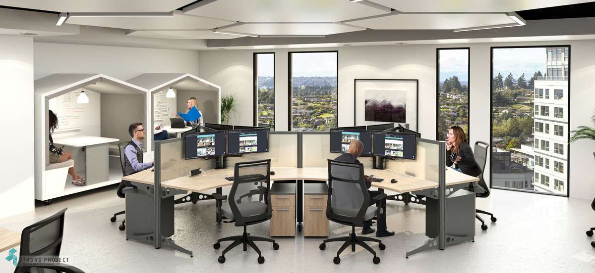 desk cluster in a minimalist office
