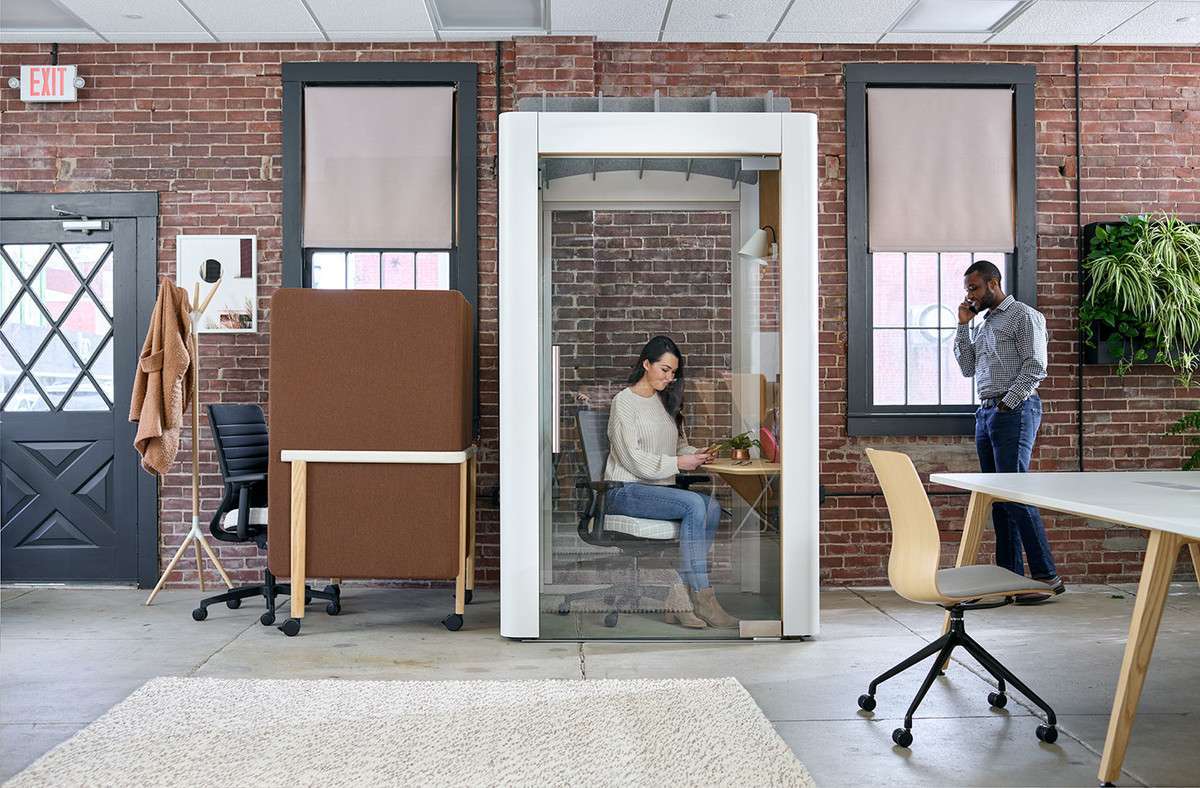 Workers using acoustic pods
