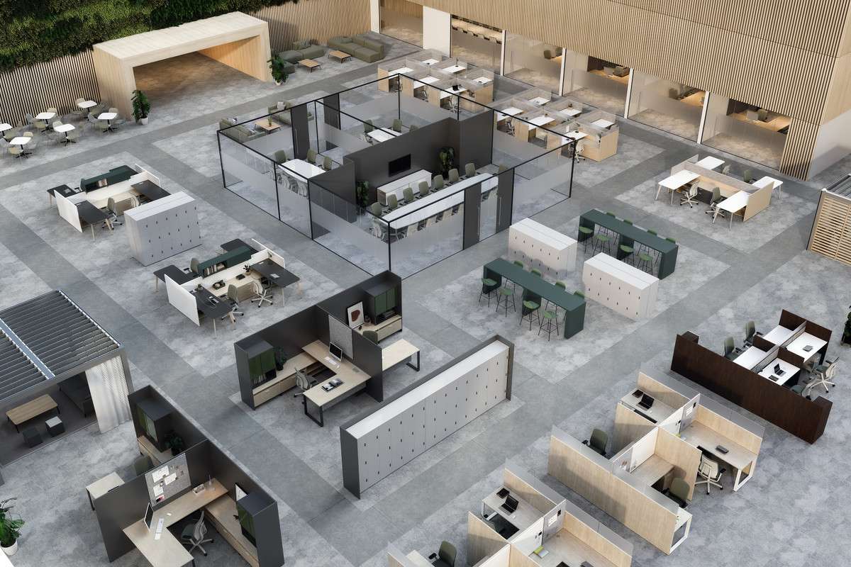 aerial view of a multi-modal office space